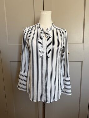 White House Black Market Striped Tie Neck Blouse XS Petite